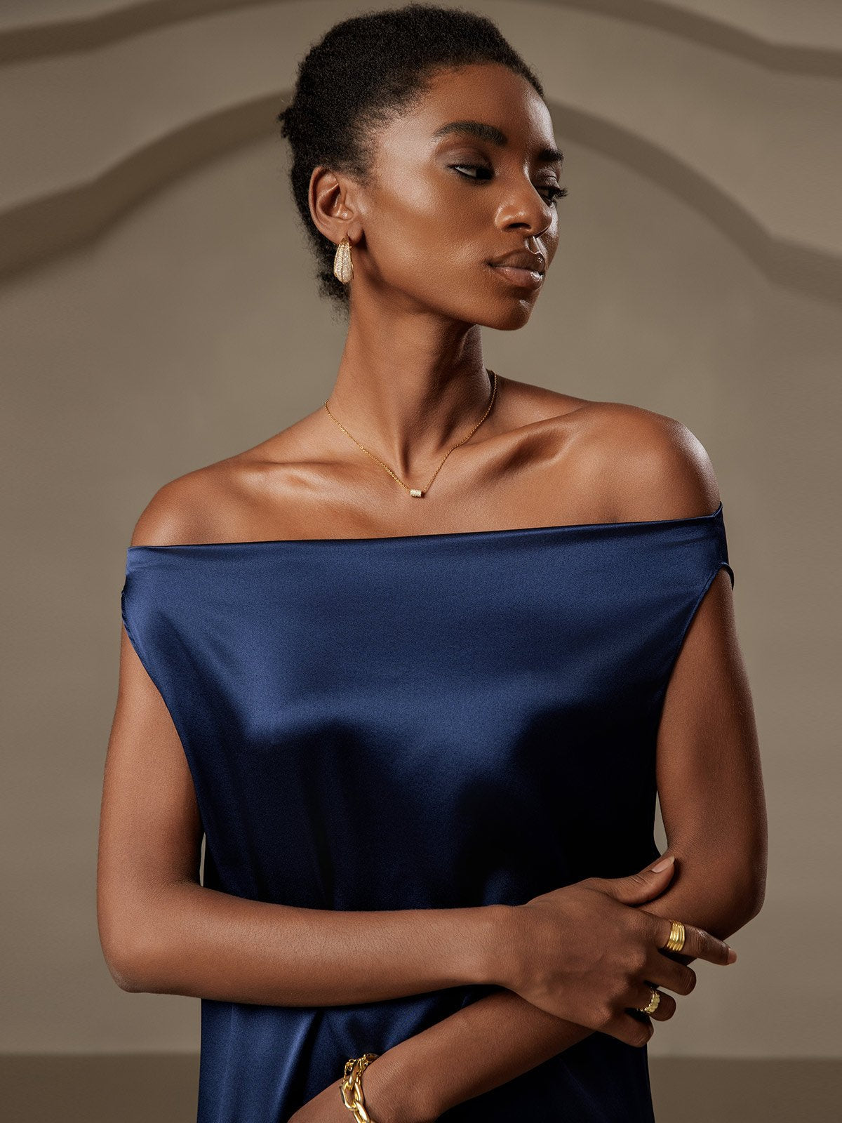 [Dark Blue] SilkSilky-UK 19Momme Silk Cowl Neck Dress 005
