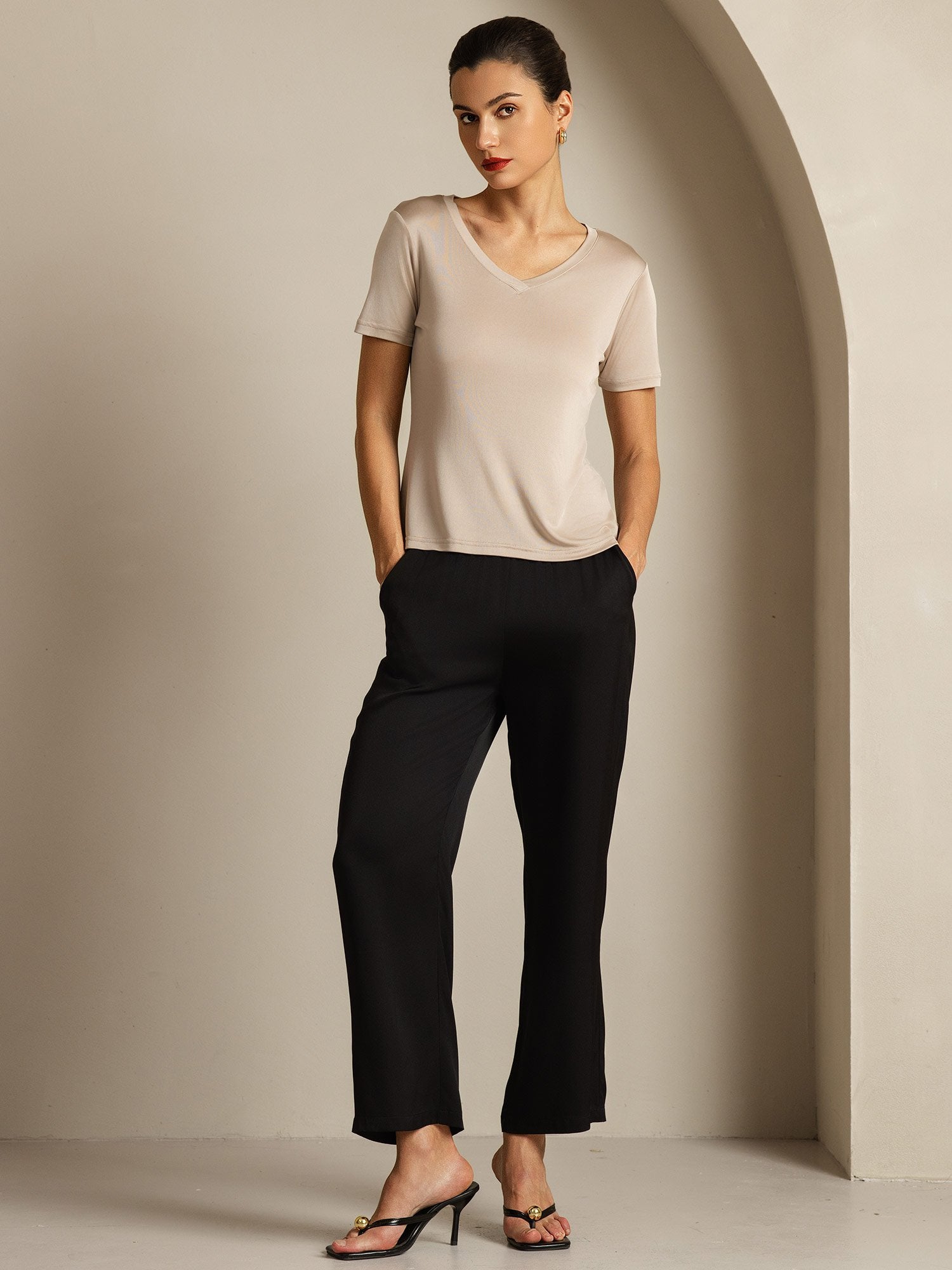 [LightKhaki] SilkSilky-UK Pure Silk V Neck Women's T-Shirt 008