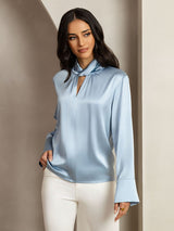 [Grayish Blue] SilkSilky-UK 19Momme Silk Keyhole Neck Women's Shirt 008