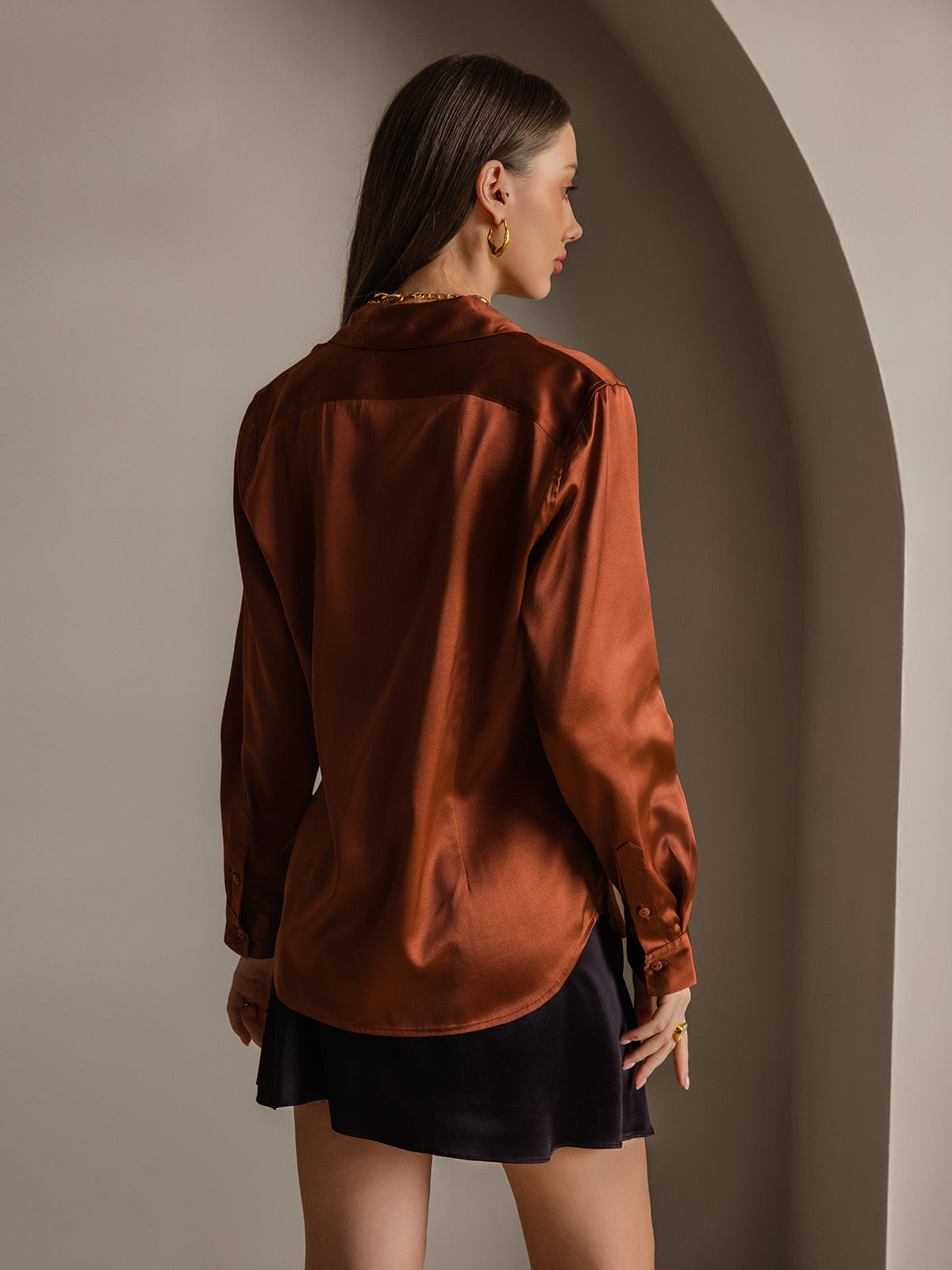 [Caramel] SilkSilky-UK Silk Long Sleeve Collar Women's Shirt 002