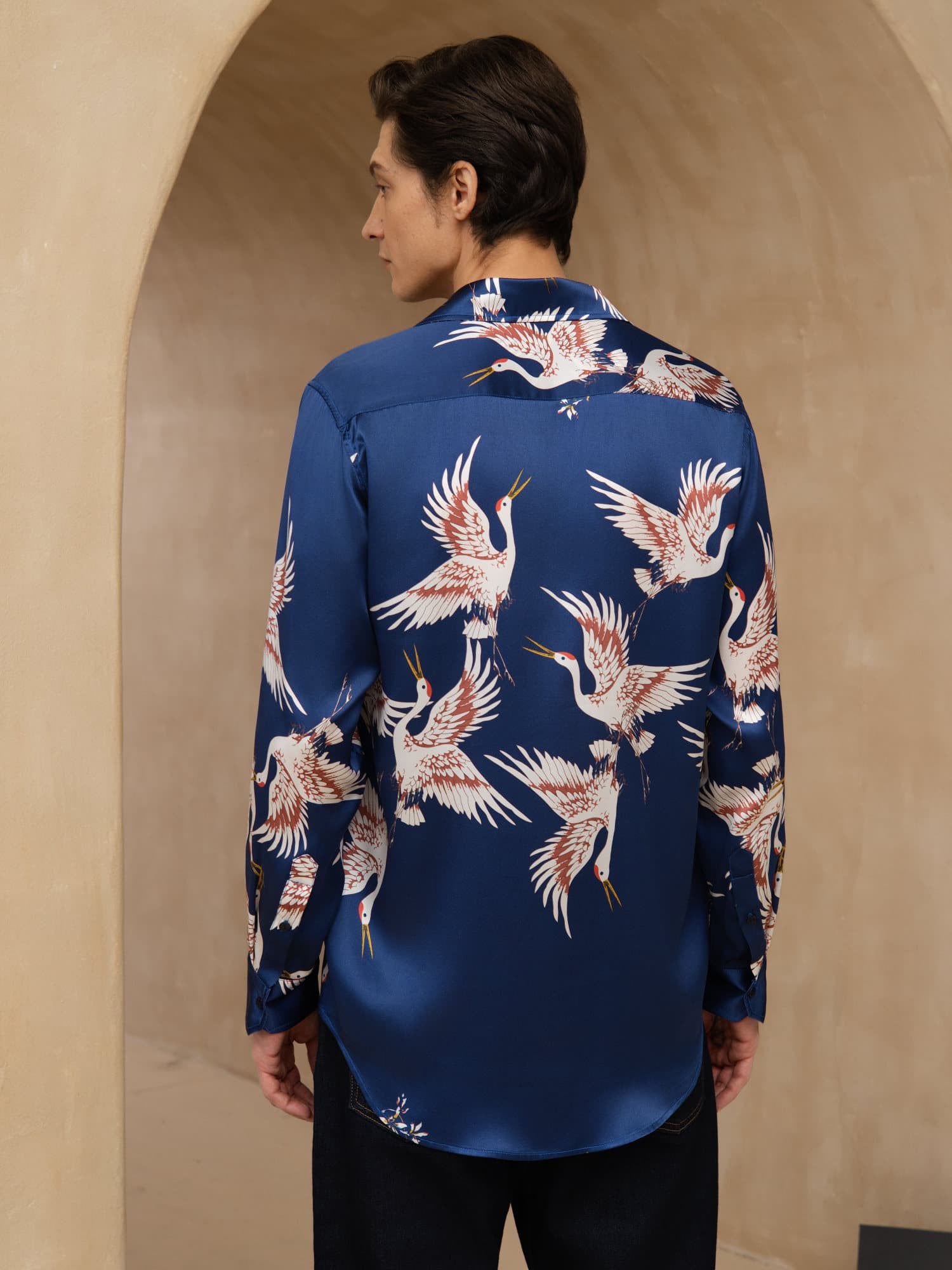 [Dark Blue] SilkSilky-UK 19Momme Long Sleeve Lapel Collar Men's Shirt 002