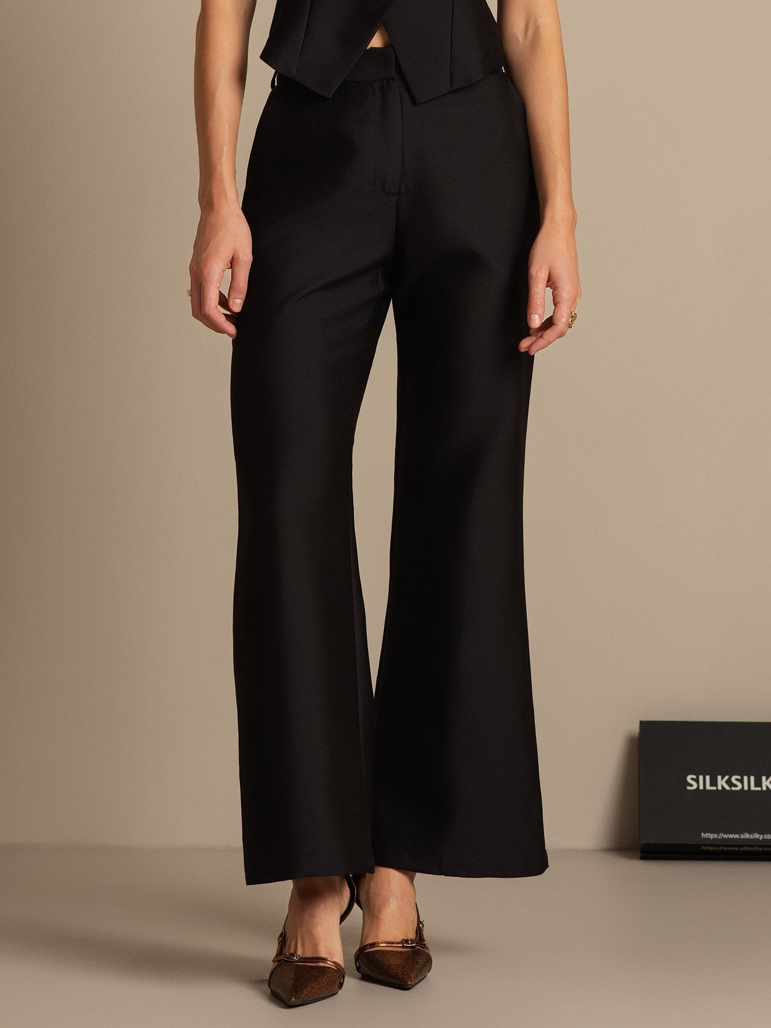 [Black] SilkSilky-UK 32Momme Silk-Wool Blend Womens Pants 003,