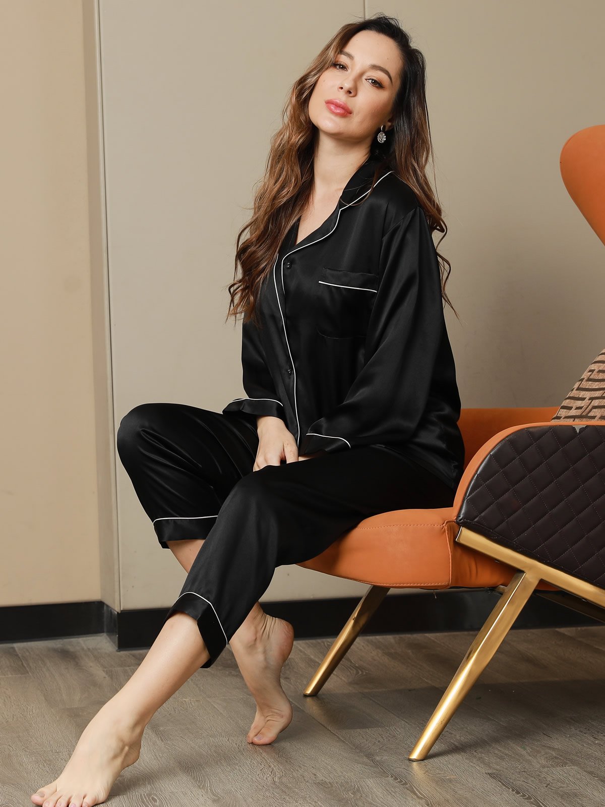 SilkSilky UK Pure Silk Long Sleeve Lapel Women's Pyjamas Black 004