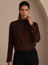 [Tan] SilkSilky-UK Long Sleeve Stand Collar Women's Blouse 006