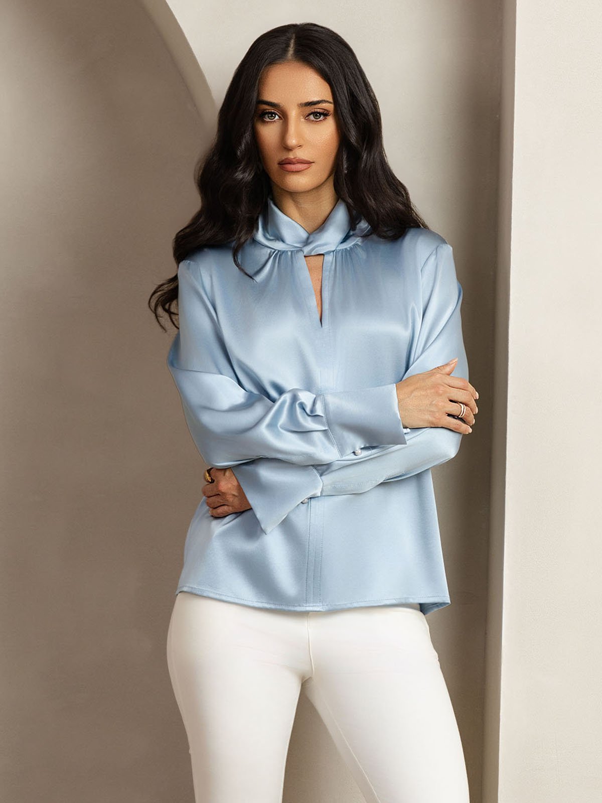 [GrayishBlue] SilkSilky-UK 19Momme Silk Keyhole Neck Women's Shirt 006