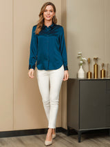 [Teal] SilkSilky-UK Long Sleeve Lapel Collar Women's Shirt 005