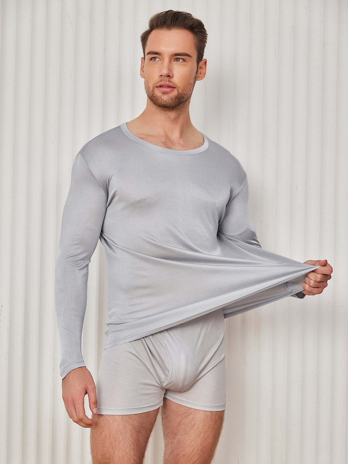 [Light Gray] SilkSilky-UK 100% Silk Jersey Long Sleeve Round Neck Men's T-Shirt 003