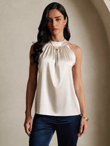 [Beige] SilkSilky-UK Sleeveless Halter Women's T-Shirt 003