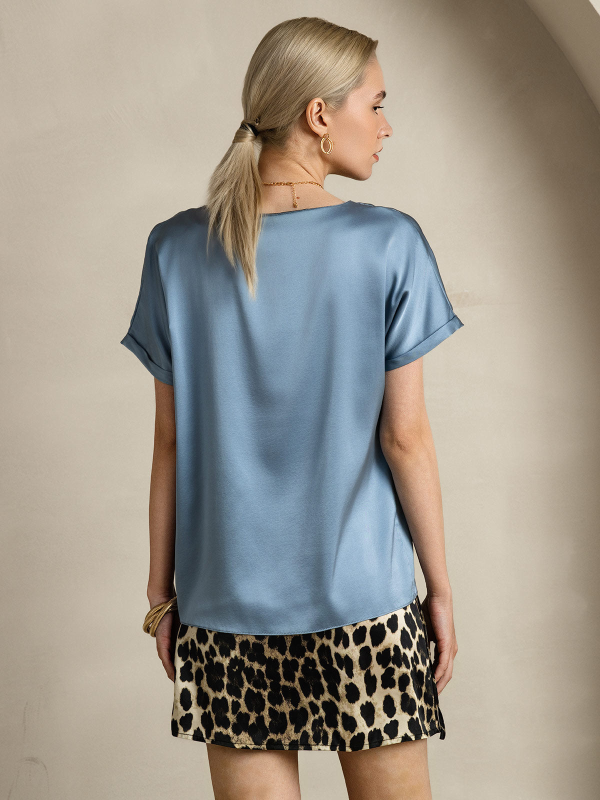 [Grayish Blue] SilkSilky-UK 19Momme Silk Short Sleeve Round Neck Women's T-Shirt 002