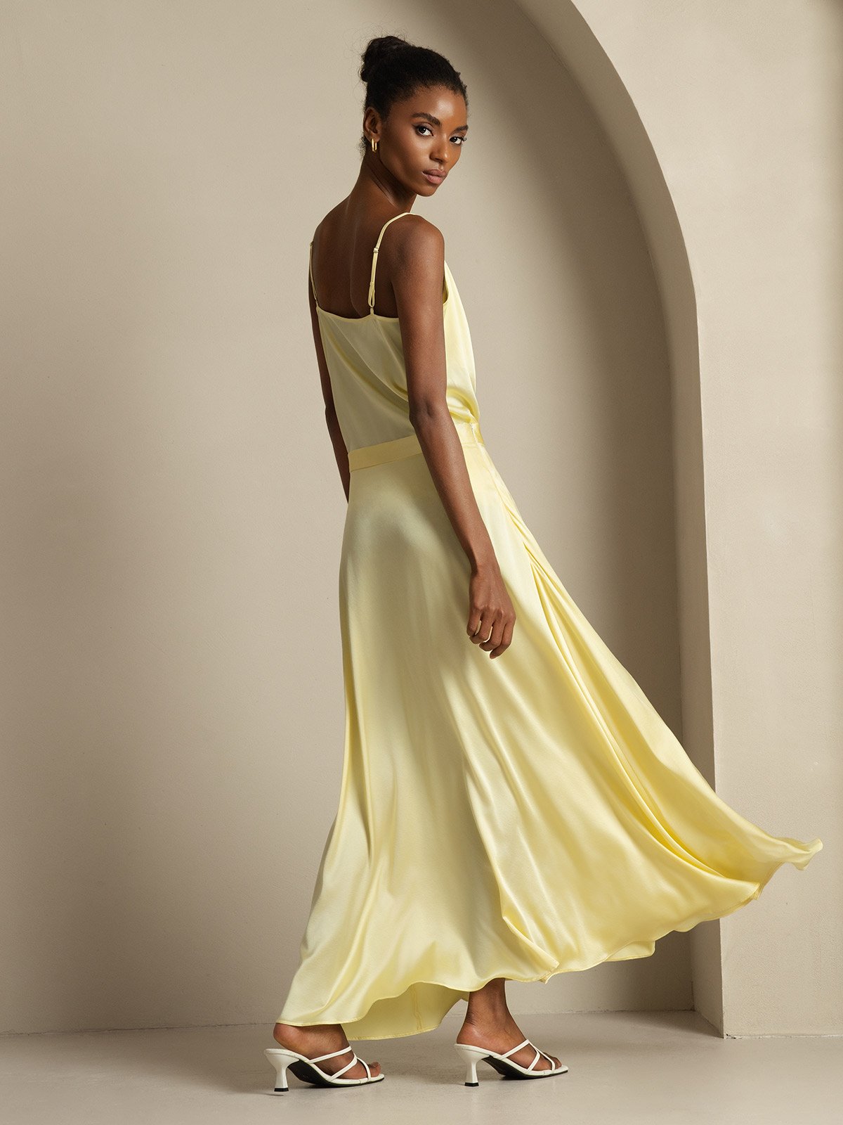 [Light Yellow] SilkSilky-UK 19Momme Silk Knitted Cowl Neck Women''s Outfit Sets 002,