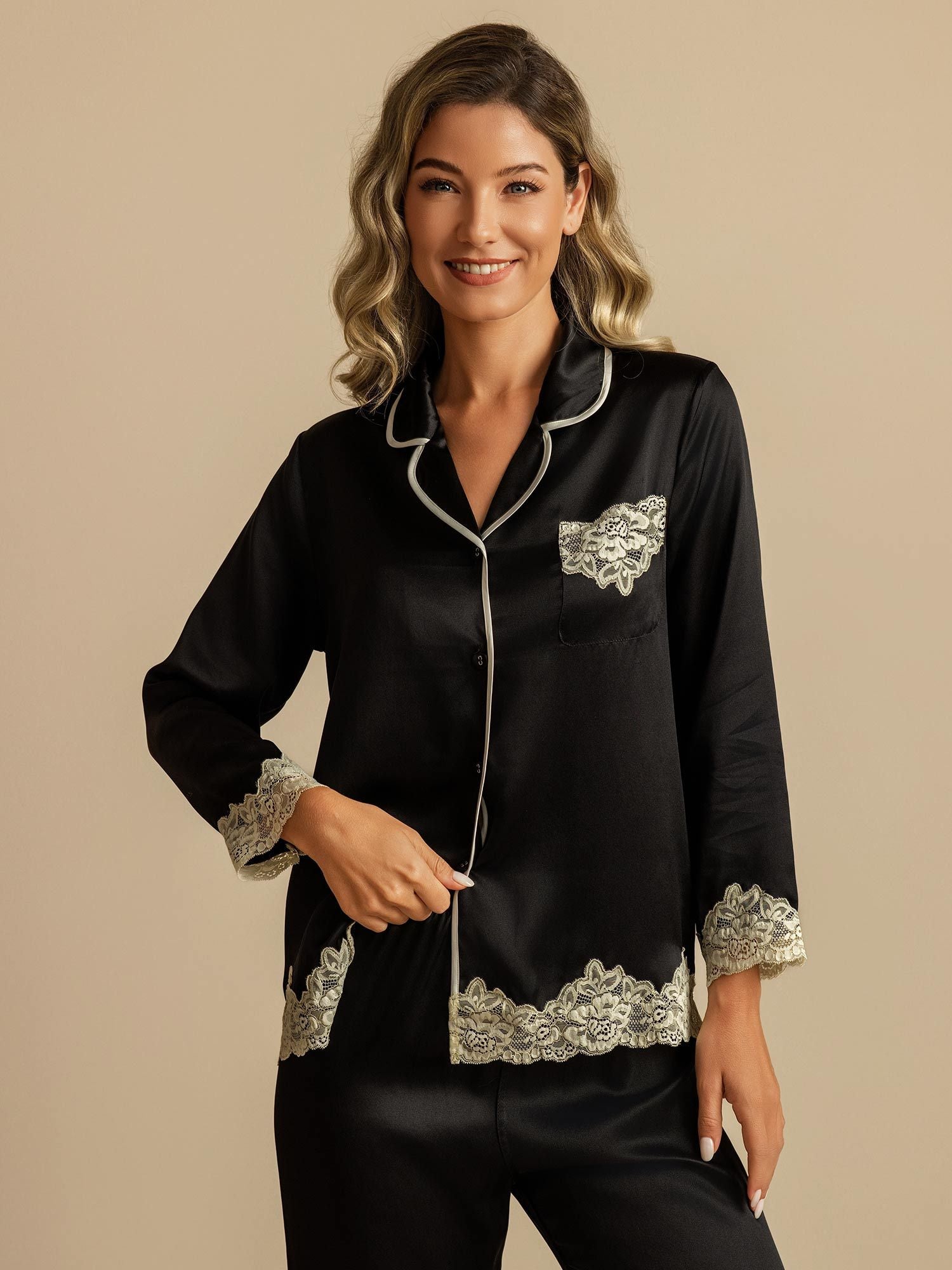 [Black] SilkSilky-UK Pure Silk Womens Pajamas 007