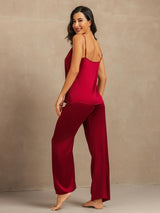 [Wine] SilkSilky-UK 19Momme Machine-Washable Silk Spaghetti Strap Scoop Neck Camisole Set 002