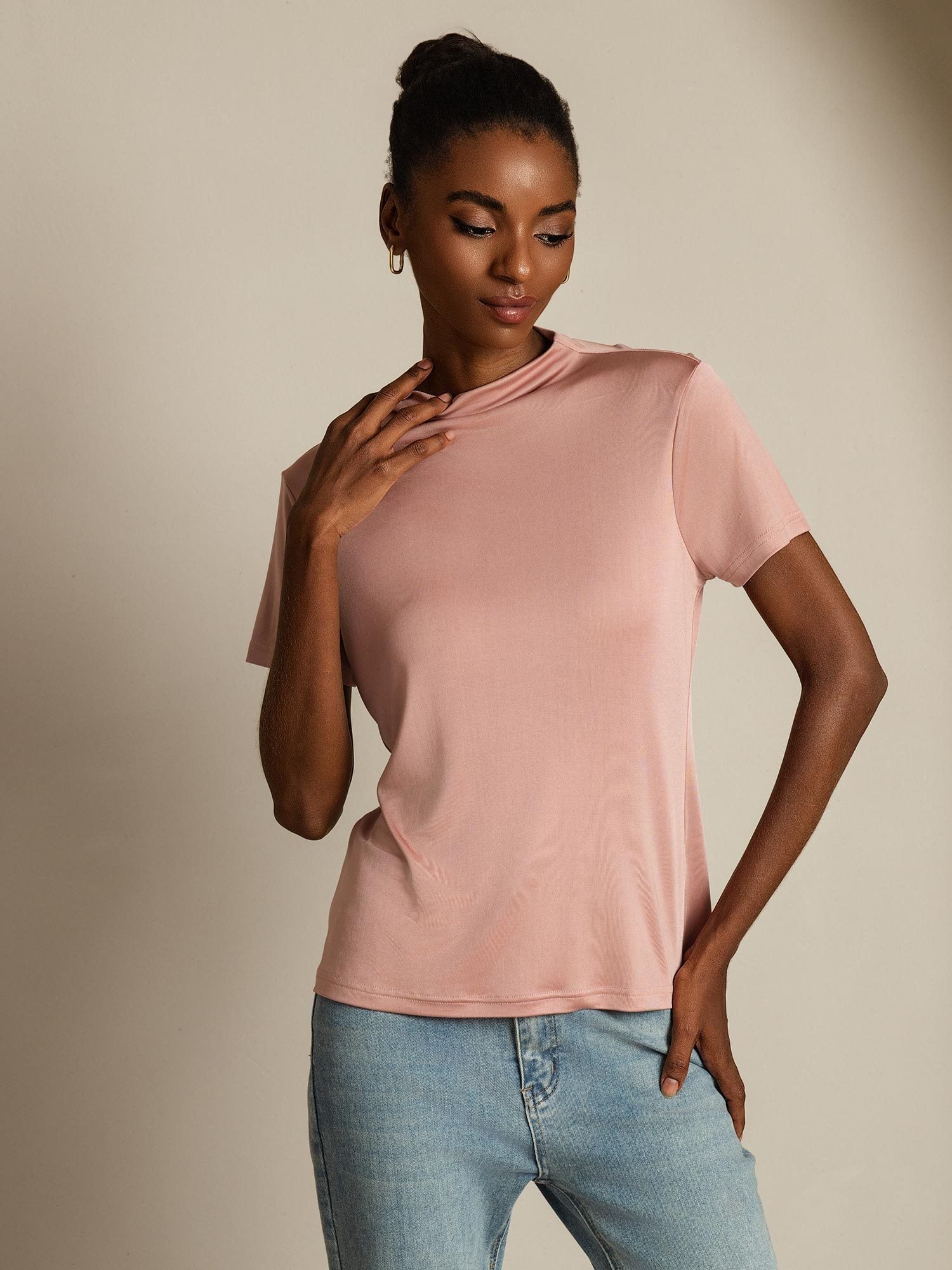 [Pink] SilkSilky-UK Pure Silk Collar Women's T-Shirt 005