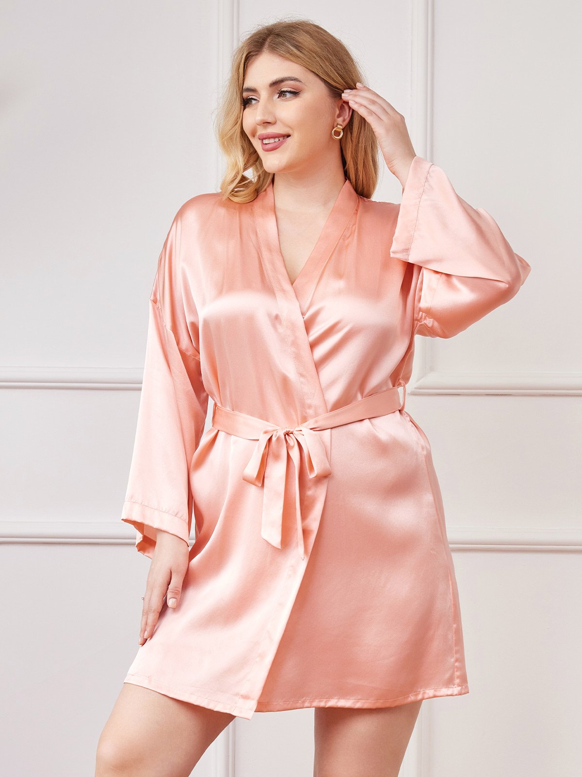 SilkSilky UK Pure Silk Long Sleeve V Neck Plus Size Dressing Gown Pink 003