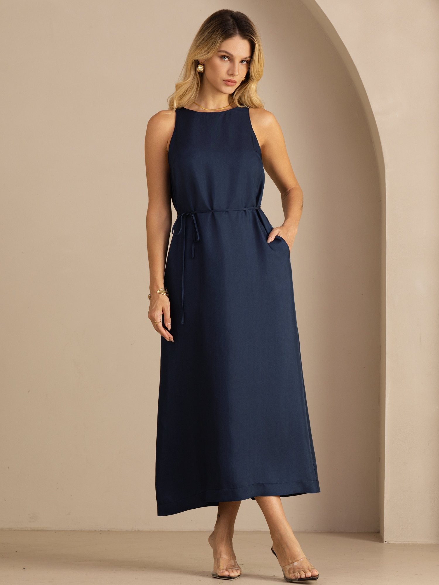 [Dark Blue] SilkSilky-UK Sleeveless Crew Neck Dress 001