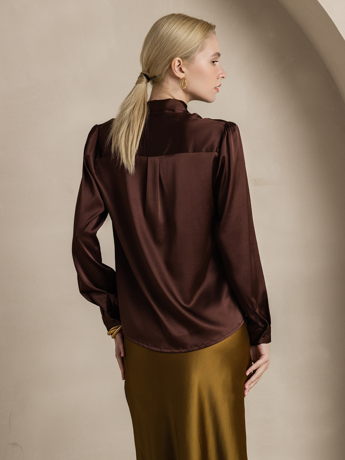 [Coffee] SilkSilky-UK 19Momme Silk Long Sleeve Tie Neck Women's Shirt 002