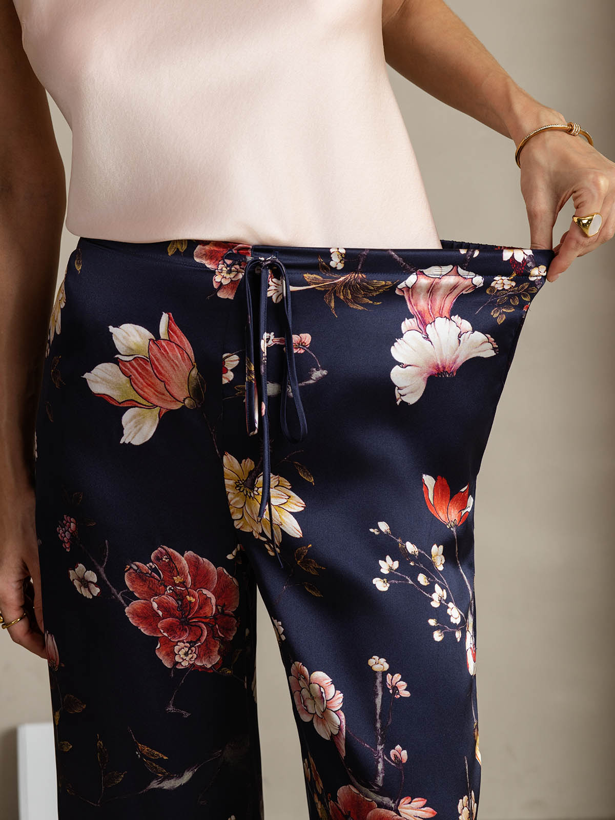 [Navy Floral] SilkSilky-UK 19Momme Silk Womens Pants 004