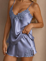 [Steel Blue] SilkSilky-UK Spaghetti Strap V Neck Camisole Set 004