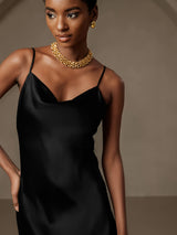 [Black] SilkSilky-UK Spaghetti Strap Cowl Neck Dress 007