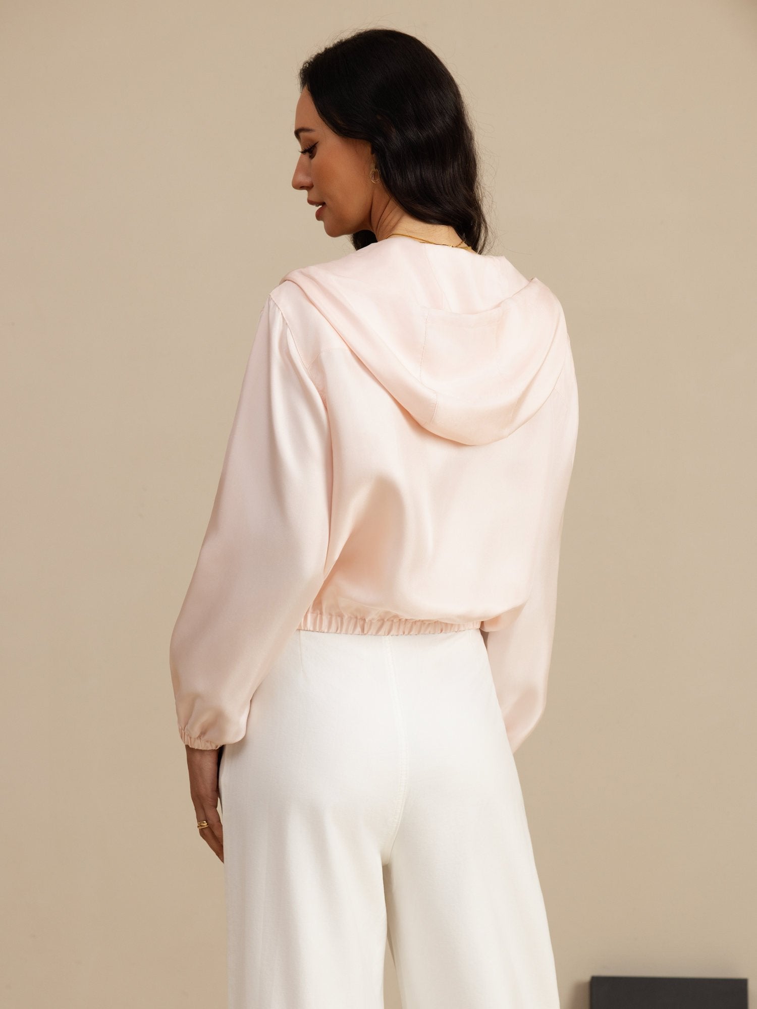 [Pink] SilkSilky-UK 18Momme Silk Satin Surah Long Sleeve Stand Collar Women's Outerwear 002