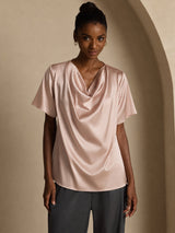 [Tuscany] SilkSilky-UK Short Sleeve Cowl Neck Women's Blouse 001