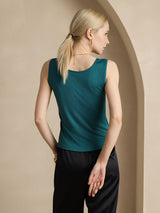 [Dark Green] SilkSilky-UK 100% Silk Jersey Sleeveless Round Neck Women's T-Shirt 002