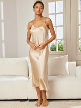 [Champagne] SilkSilky-UK Spaghetti Strap V Neck Nightdress 005