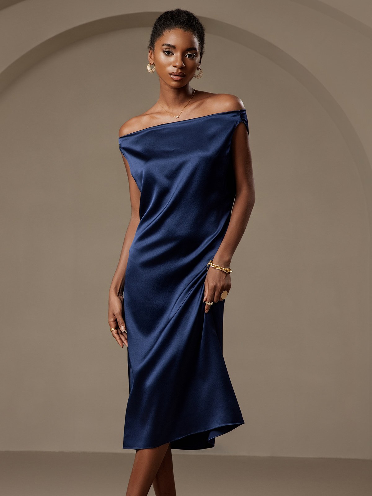 [Dark Blue] SilkSilky-UK 19Momme Sleeveless Cowl Neck Dress 003