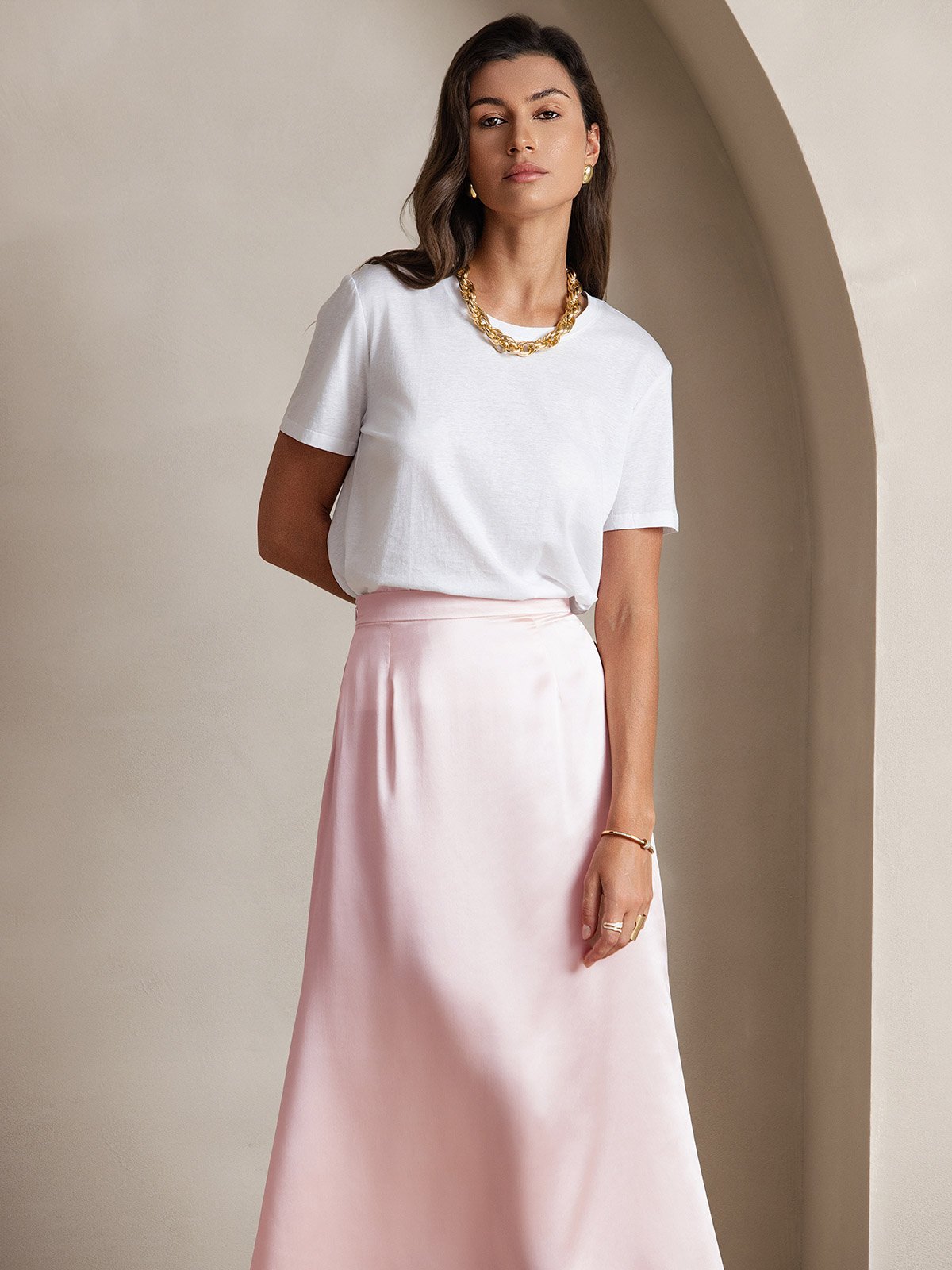 [Pink] SilkSilky-UK 19Momme Stretch Silk Charmeuse Skirt 004