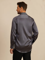 [Dark Gray] SilkSilky-UK 19Momme Stretch Silk Charmeuse Long Sleeve Lapel Collar Men's Shirt 002