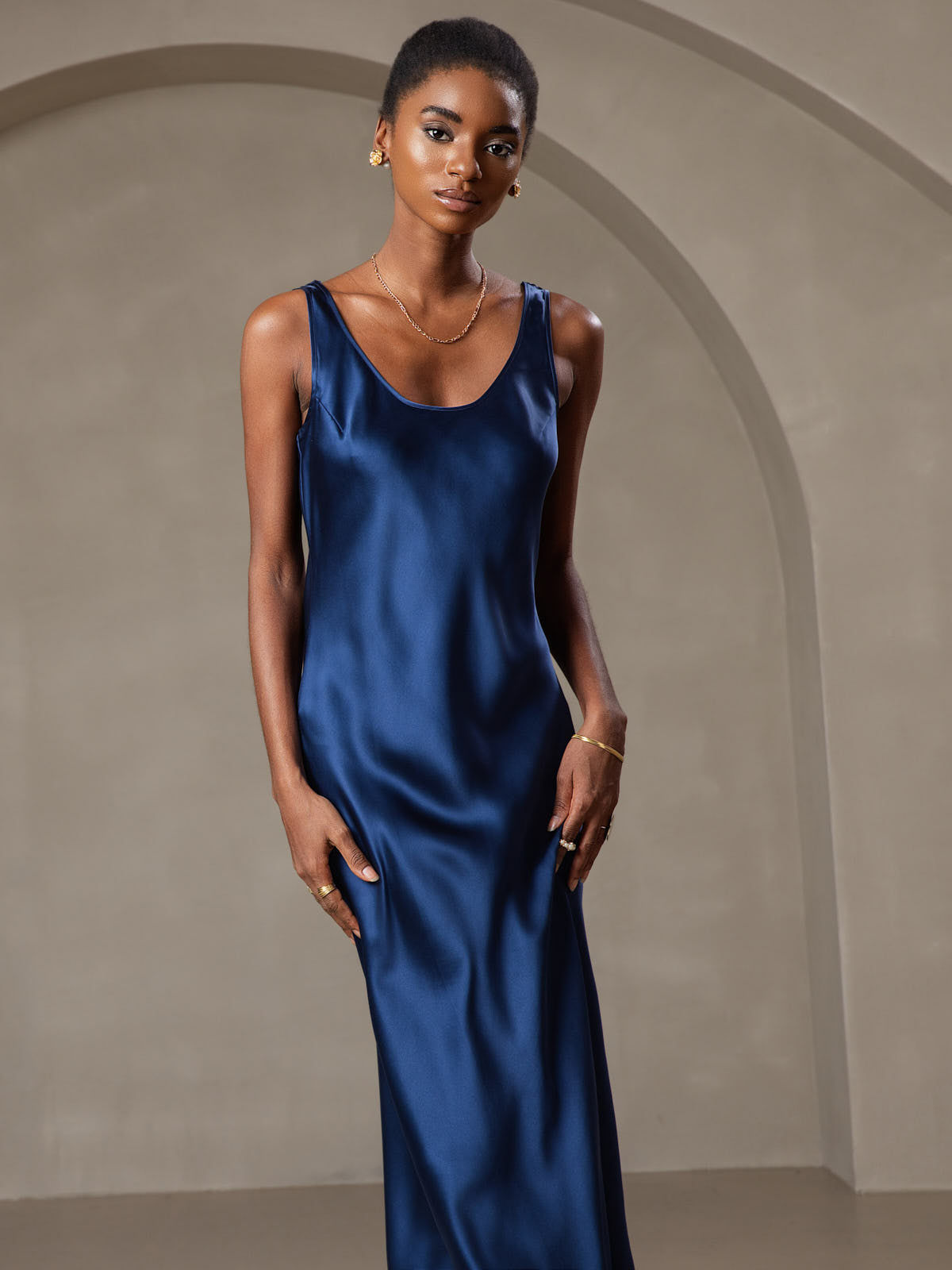 [Dark Blue] SilkSilky-UK Pure Silk Boat Neck Dress 003