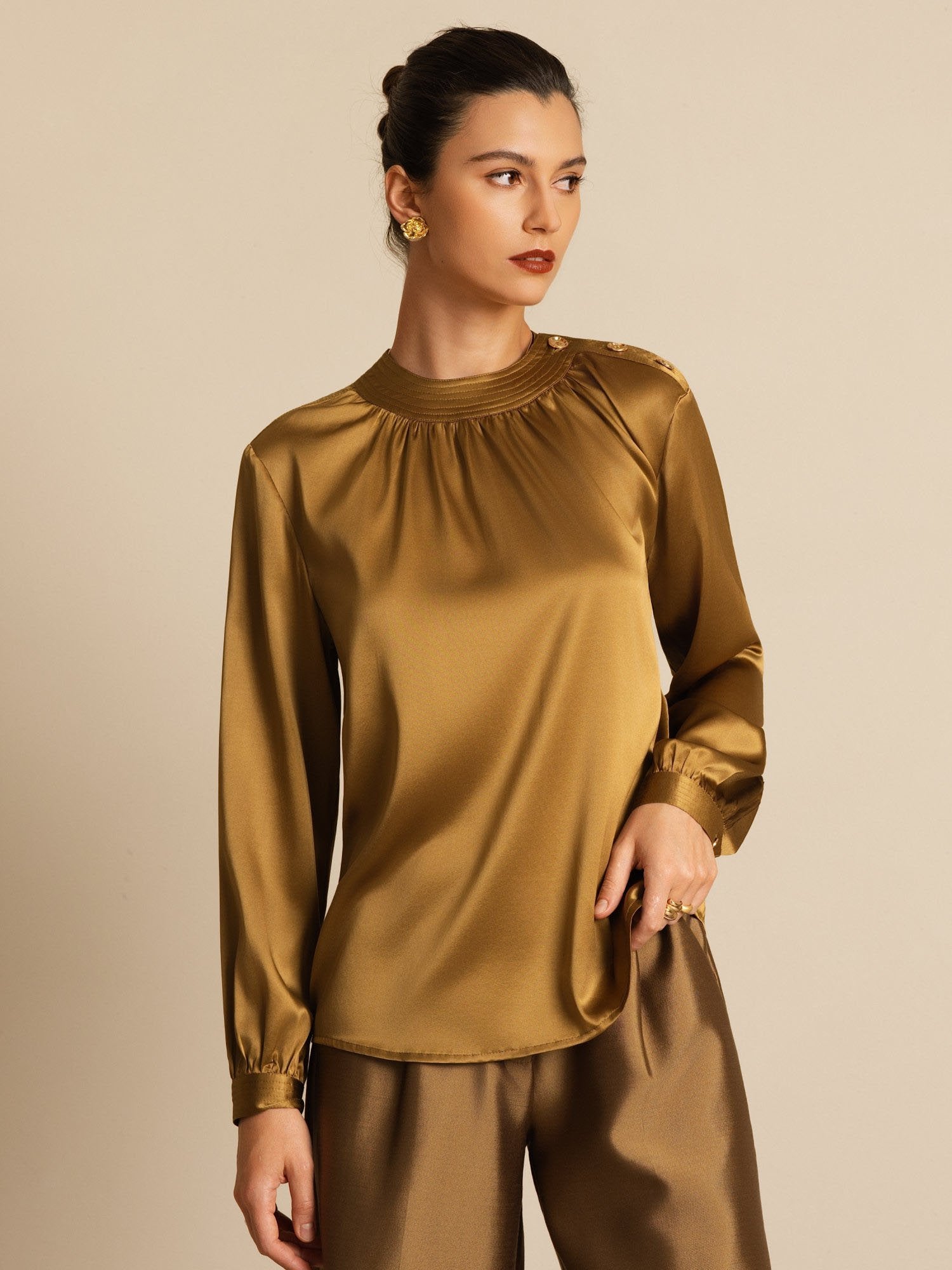 [Bronze] SilkSilky-UK 19Momme Silk Long Sleeve Round Neck Blouse 001