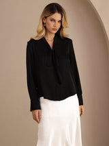 [Black] SilkSilky-UK Long Sleeve Tie Neck Women's Blouse 001