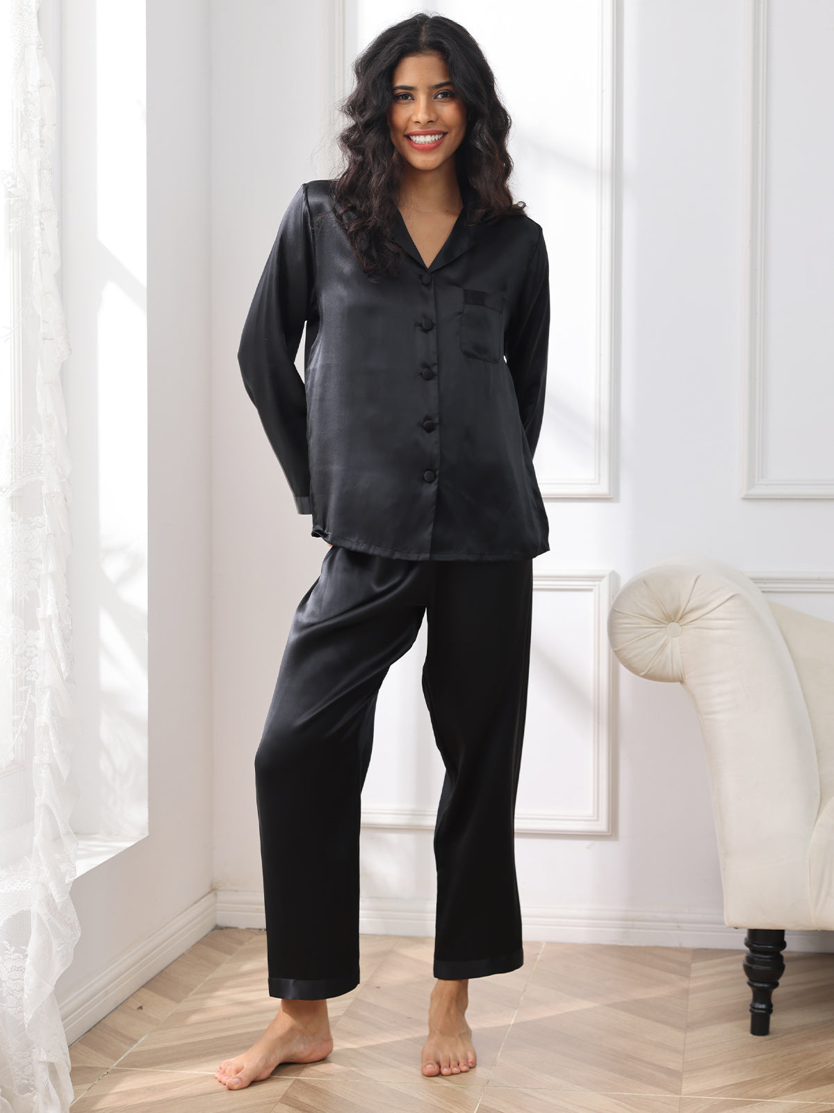 SilkSilky UK Pure Silk Long Sleeve Lapel Women's Pyjamas Black 003