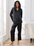 SilkSilky UK Pure Silk Long Sleeve Lapel Women's Pyjamas Black 004