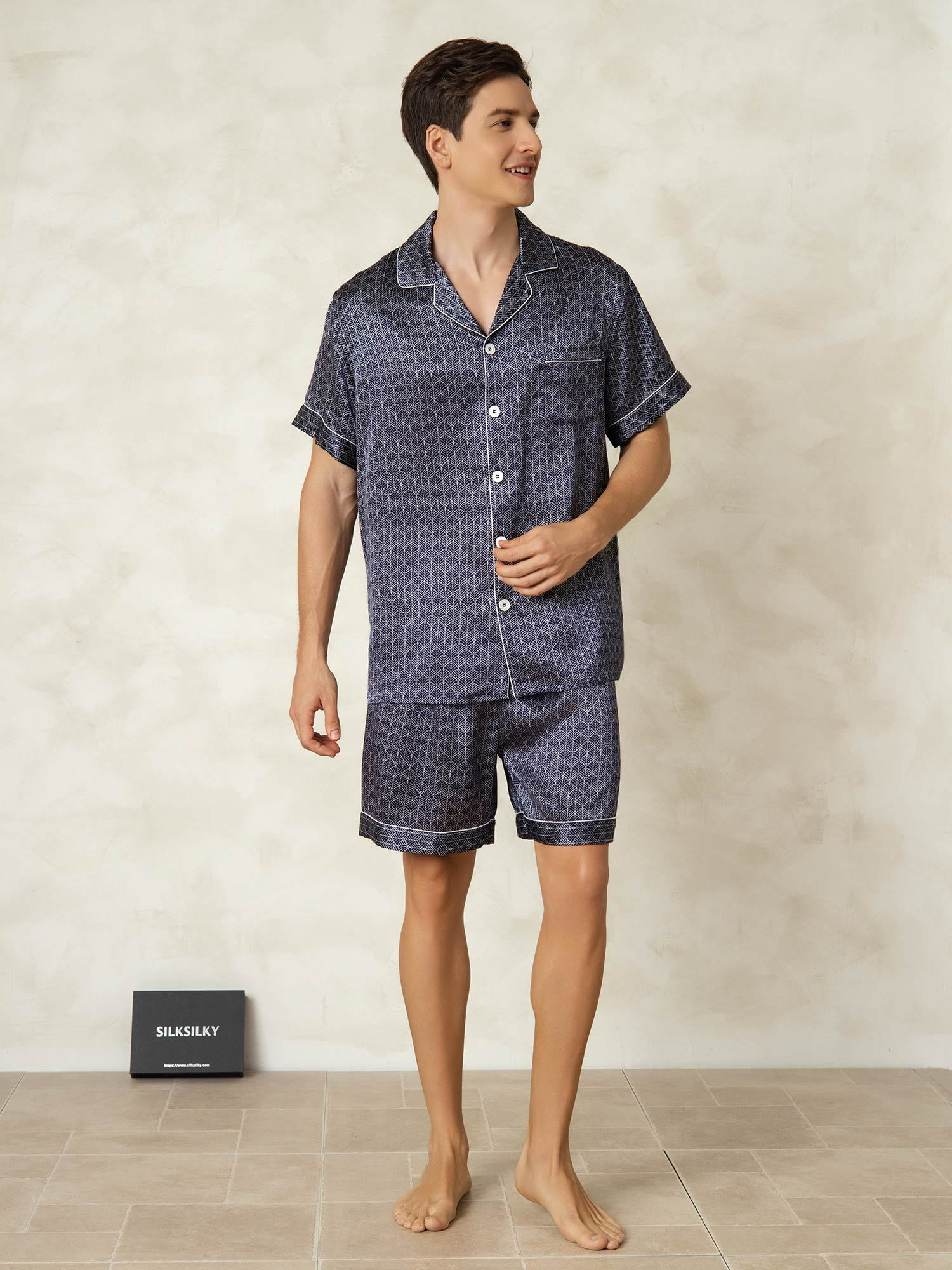 [NavyGinkgo] SilkSilky-UK Pure Silk Collar Men's Pyjamas 006