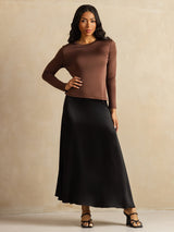 [Coffee] SilkSilky-UK Long Sleeve Crew Neck Women's T-Shirt 008