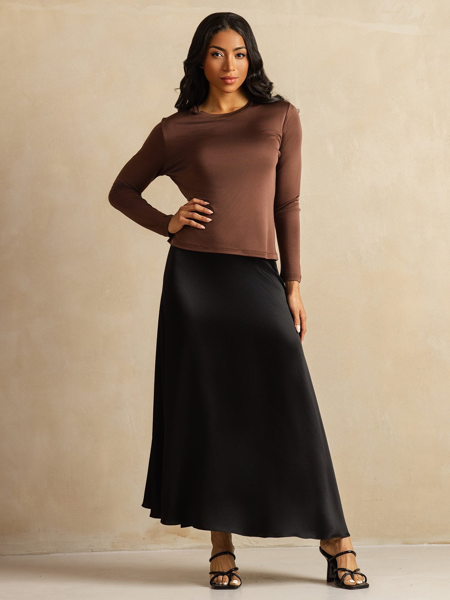 [Coffee] SilkSilky-UK 100% Silk Jersey Long Sleeve Crew Neck Women's T-Shirt 008