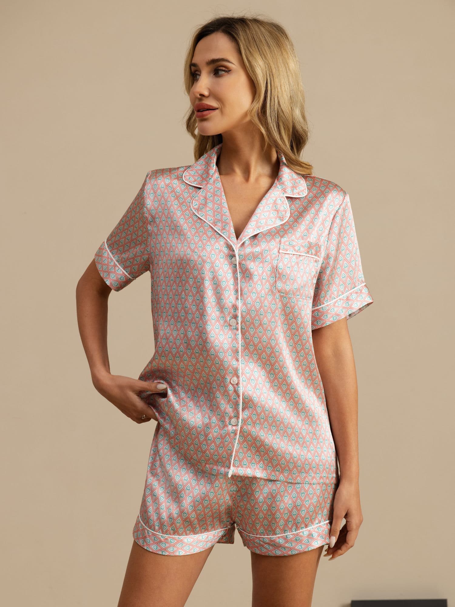 [Pink Heart Geo] SilkSilky-UK Short Sleeve Notch Collar Women's Pyjamas 003