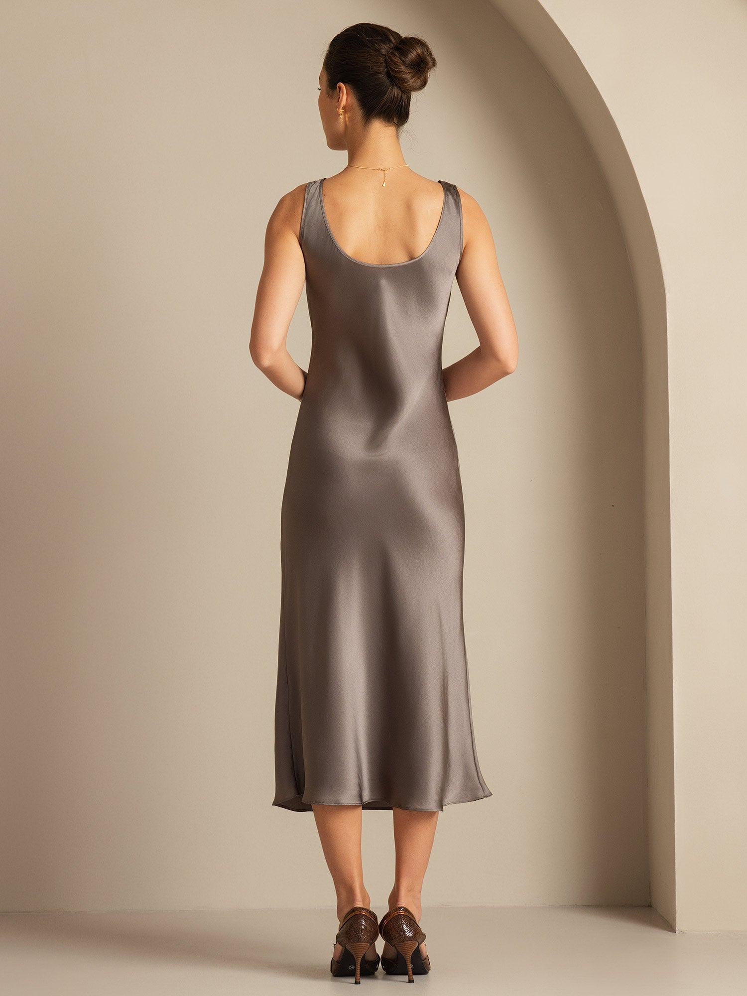 [Dark Khaki] SilkSilky-UK Pure Silk Boat Neck Dress 002,