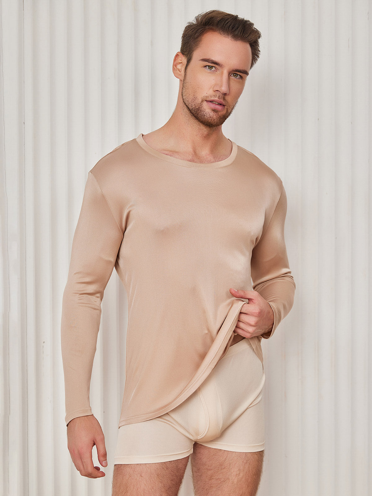 [Beige] SilkSilky-UK 100% Silk Jersey Long Sleeve Round Neck Men's T-Shirt 001
