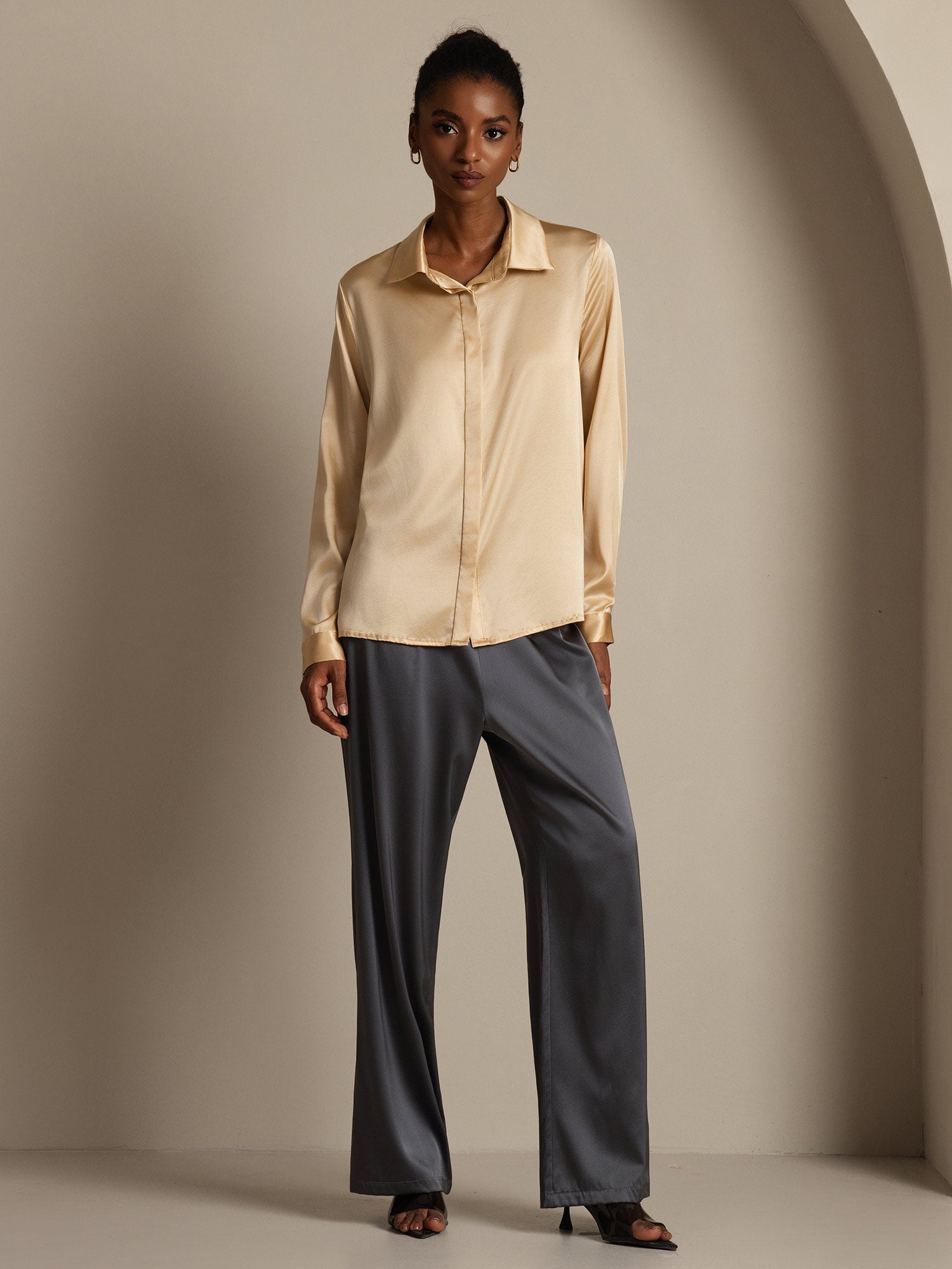 [Champagne] SilkSilky-UK 19Momme Silk Collar Women's Shirt 009