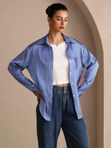 [Blue Pinstripe] SilkSilky-UK Long Sleeve Lapel Collar Women's Shirt 005