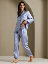 [Steel Blue] SilkSilky-UK Long Sleeve Lapel Collar Women's Pyjamas 007
