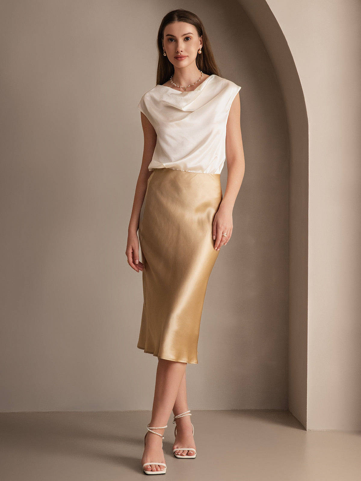 [Champagne] SilkSilky-UK 19Momme Pure Silk Skirt 003,