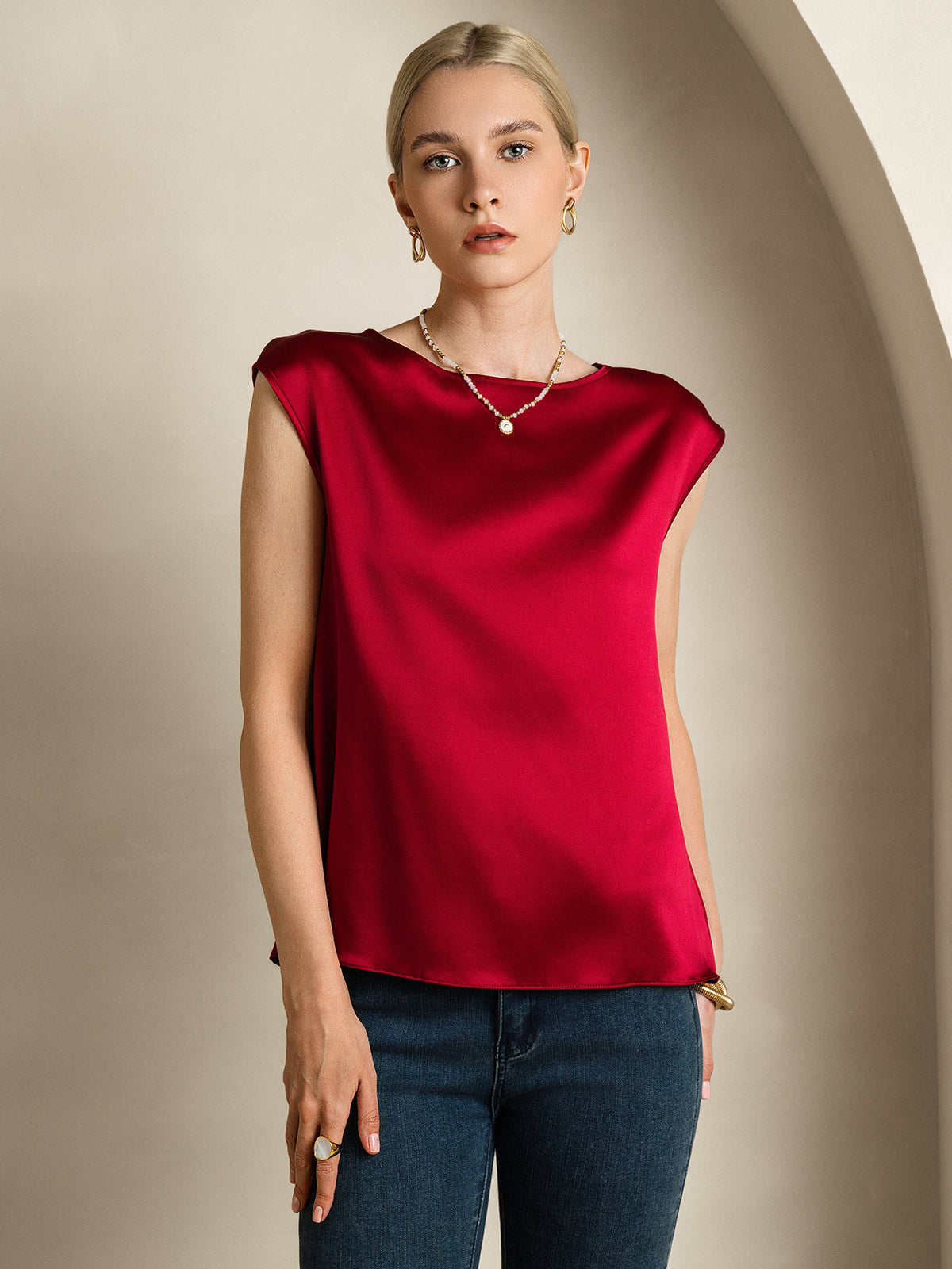 [Wine] SilkSilky-UK 19Momme Silk Round Neck Women's T-Shirt 001