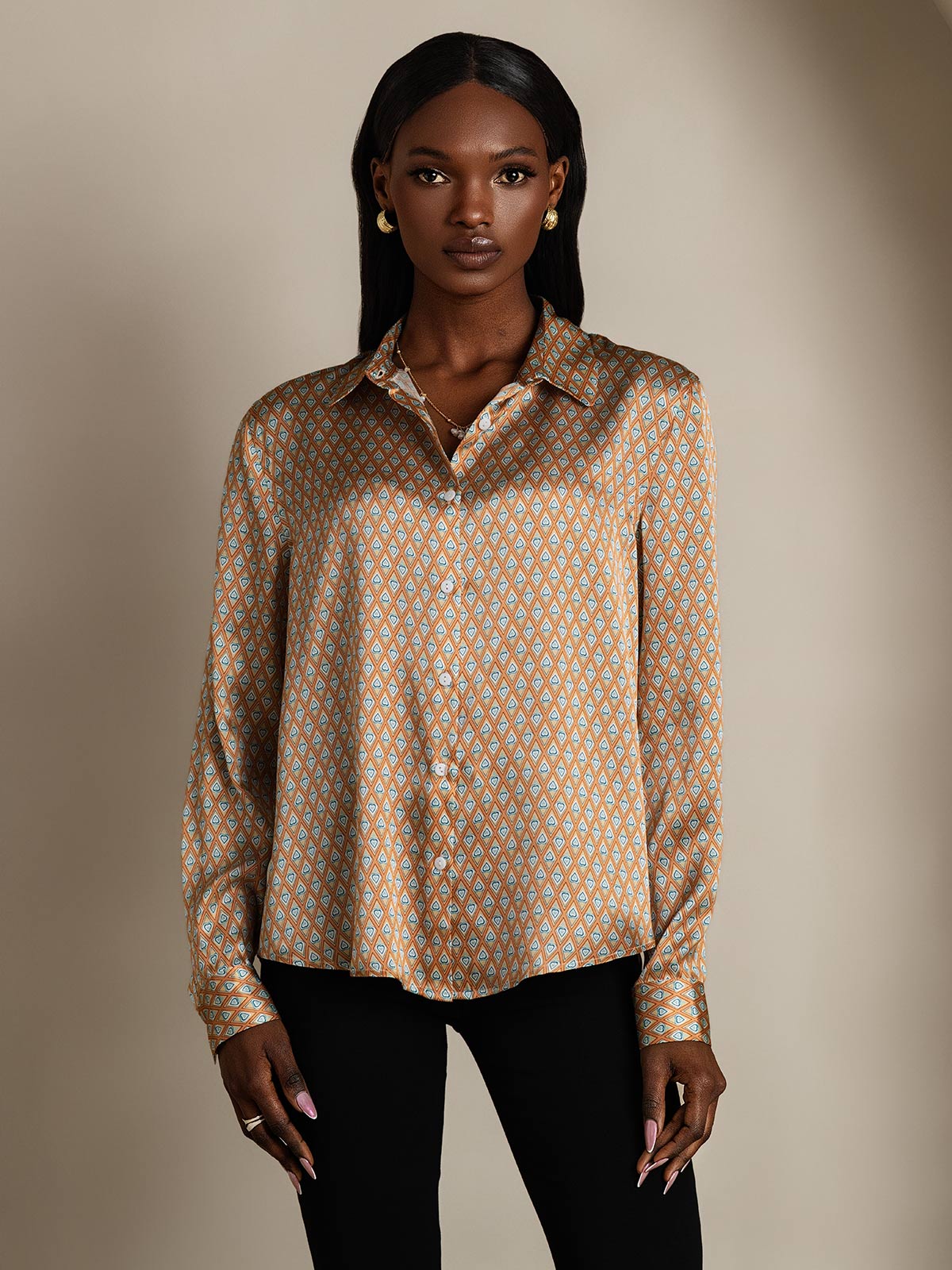 [Floral] SilkSilky-UK Silk Long Sleeve Collar Women's Shirt 004