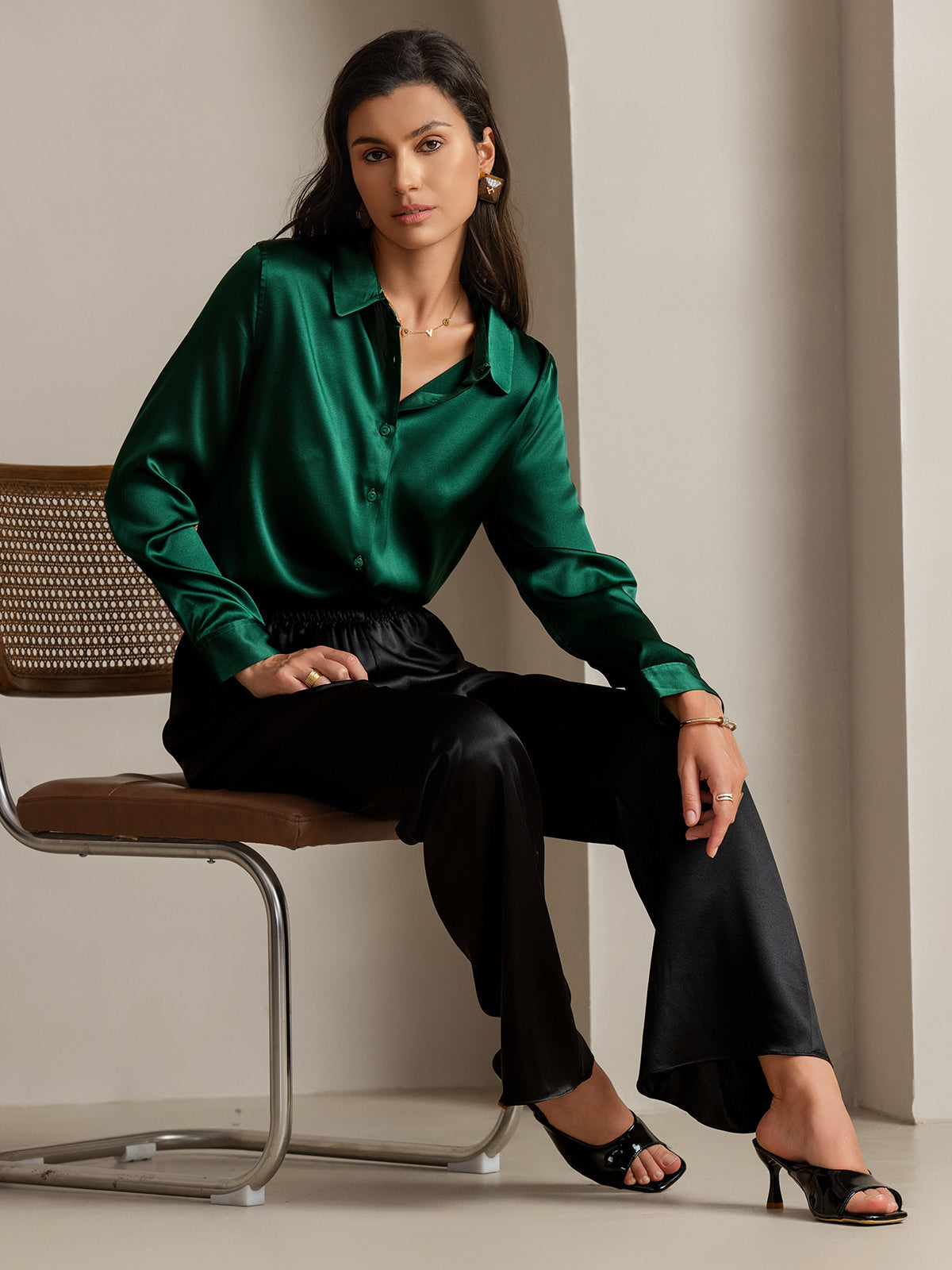 [Dark Green] SilkSilky-UK 19Momme Stretch Silk Charmeuse Long Sleeve Lapel Collar Women's Shirt 001