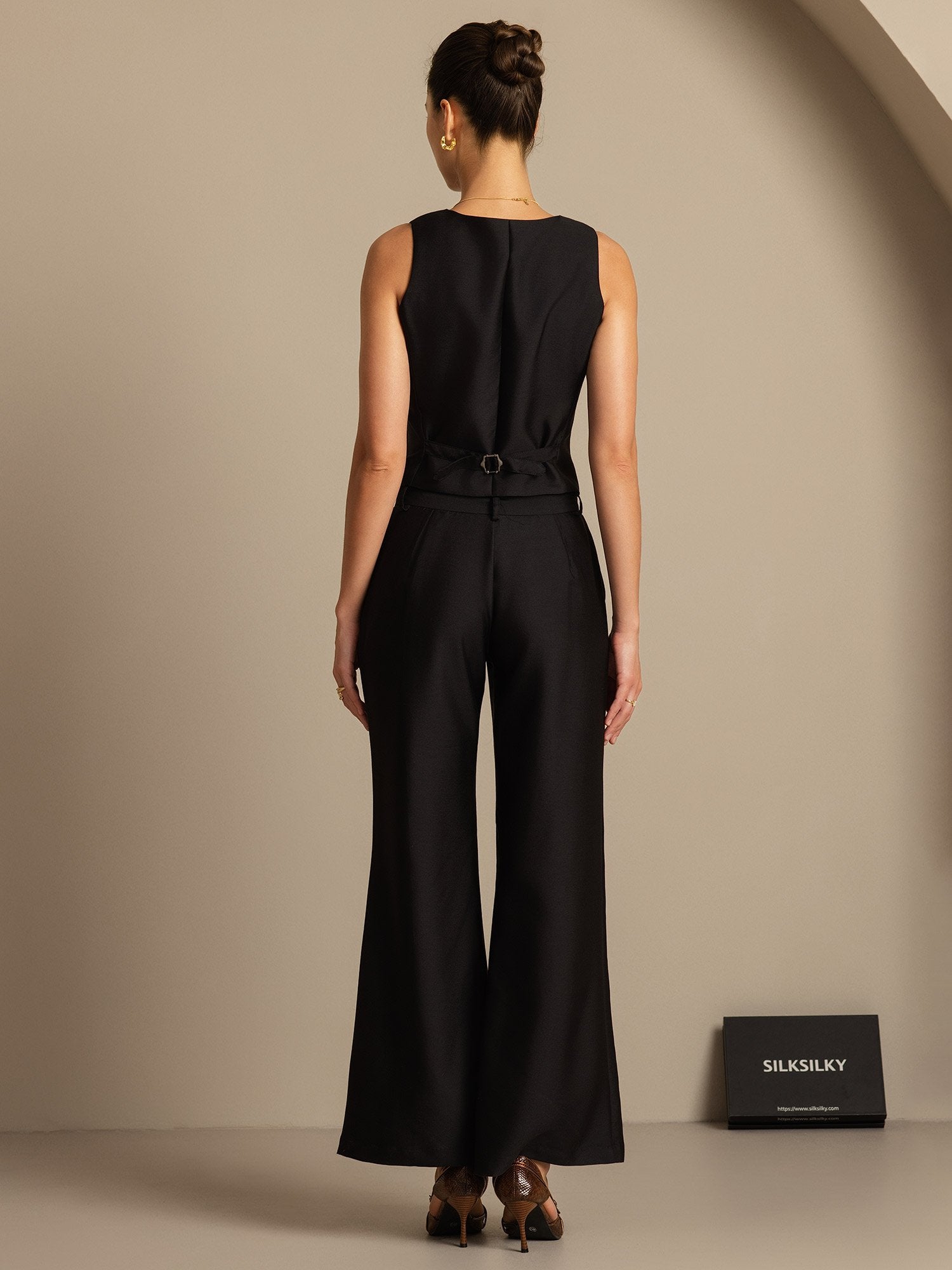 [Black] SilkSilky-UK 32Momme Silk-Wool Blend V Neck Women's Vest 002