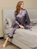 SilkSilky-UK Pure Silk Long Sleeve Lapel Women's Pyjamas PurpleGray 004